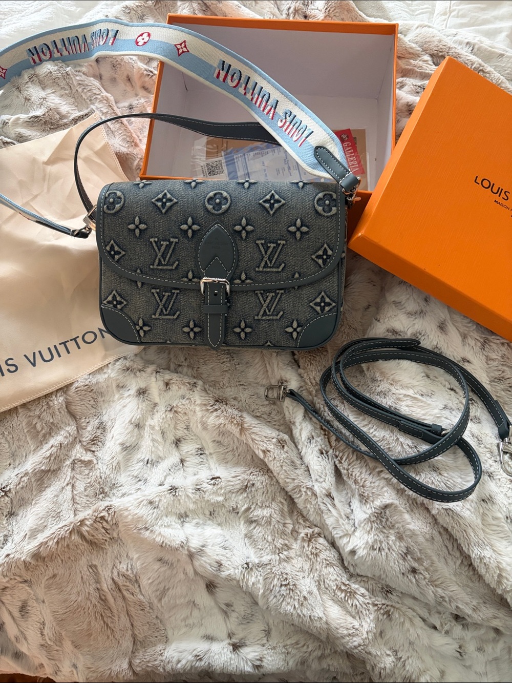 Fashion inspired Denim Monogram Buckle Crossbody Bag in Blue